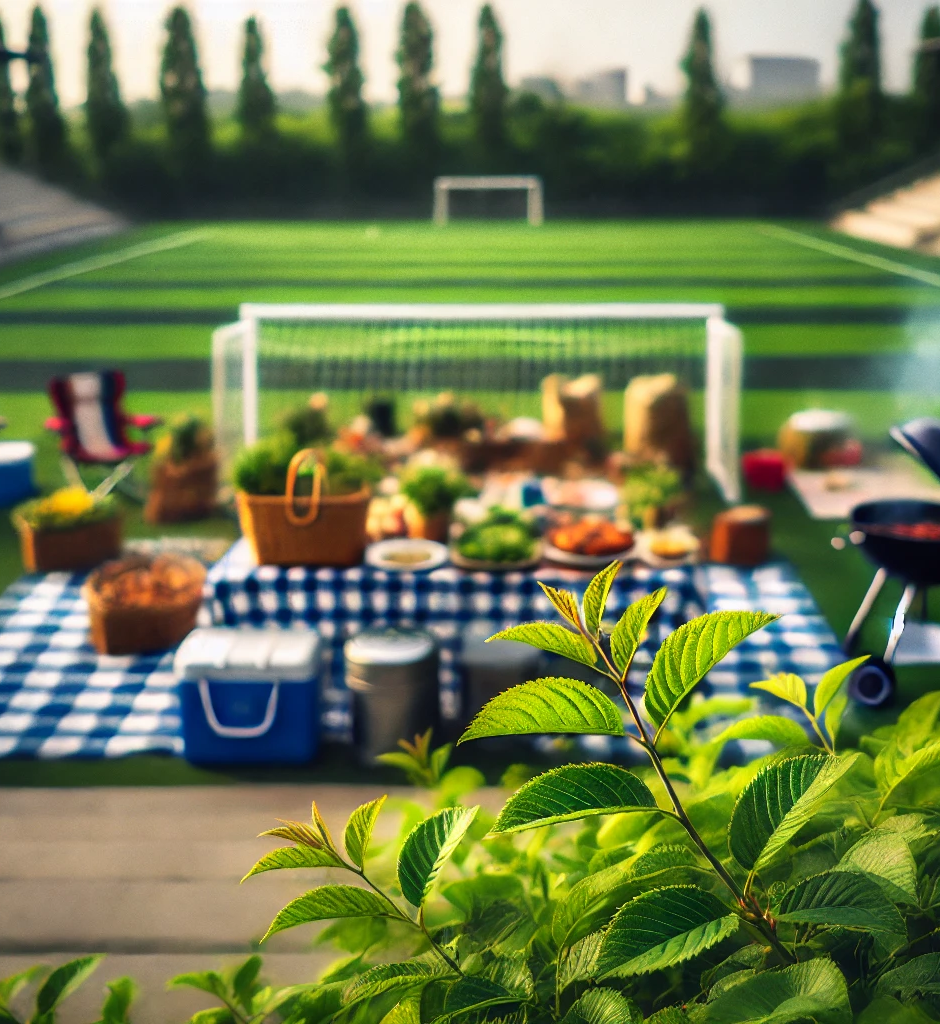 Billede af en picnic-setup på en græs fodboldbane med tæpper, picnic kurve, og grill, omgivet af grønne buske og træer. Perfekt stemning for fællesspisning i Kalvslund.